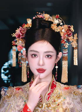 新娘头饰中式古风结婚发饰金红色造花液花朵古典造型盘发秀禾发饰