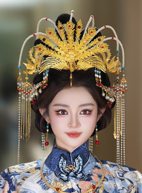原创新娘发饰凤冠汉服明制珍珠流苏国风奢华重工立体凤凰凤冠套装
