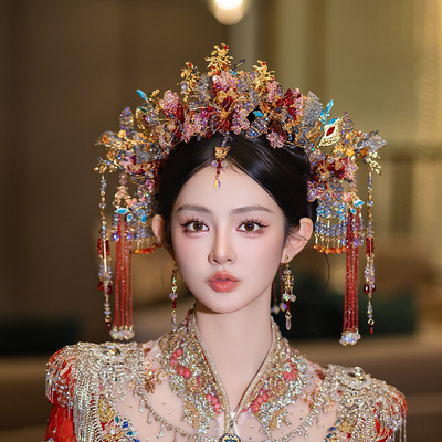 新娘奢华中式婚礼头饰古风大气重工蝴蝶眉心坠凤冠流苏秀禾服发饰
