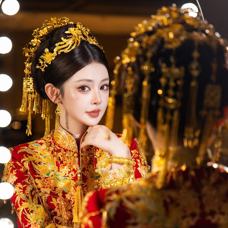 新娘精致小巧高级感新中式古装全金色2026新款流苏龙凤褂秀禾头饰图片