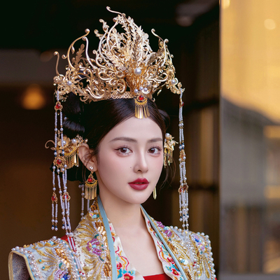 中式金色大凤冠长流苏大气古典古装发饰造型汉服婚礼华丽新娘头饰