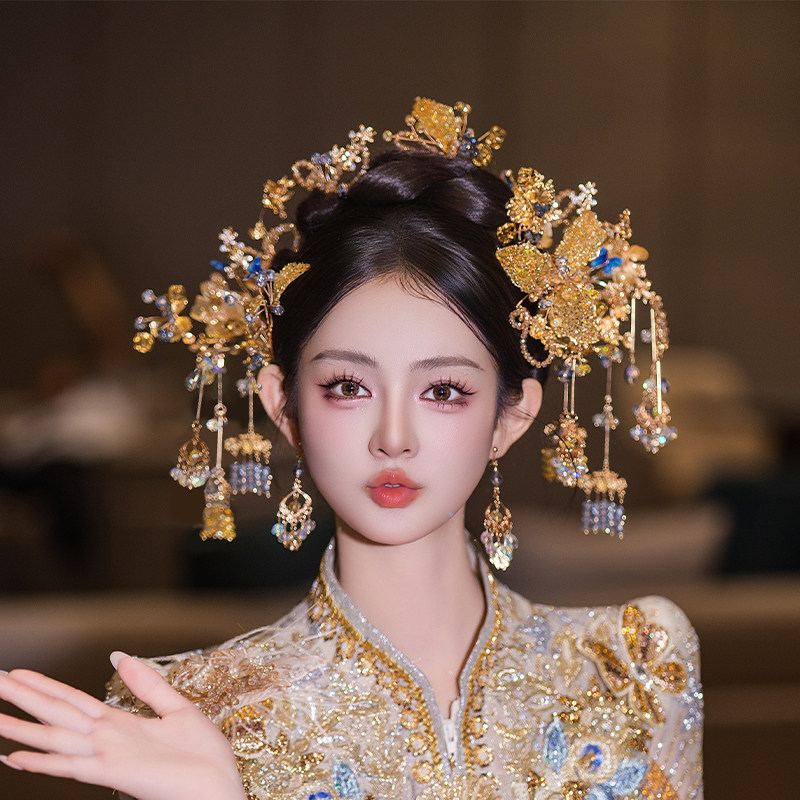 新娘国风贵气头饰香槟色中式婚礼蝴蝶流苏发簪减龄秀禾服百搭发饰