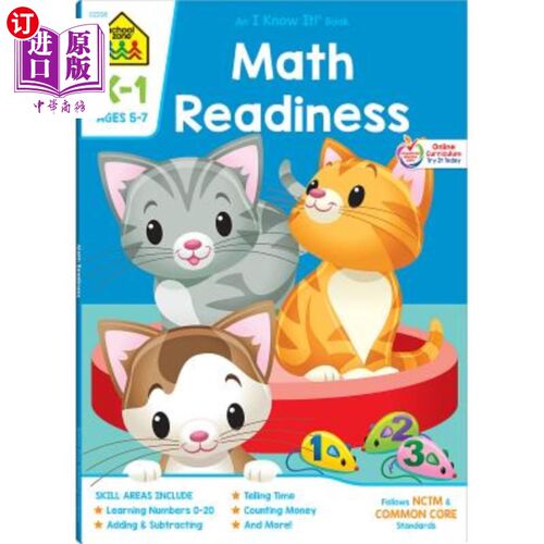 海外直订School Zone Math Readiness Grades K-1 Workbook 数学准备K-1 5-7岁
