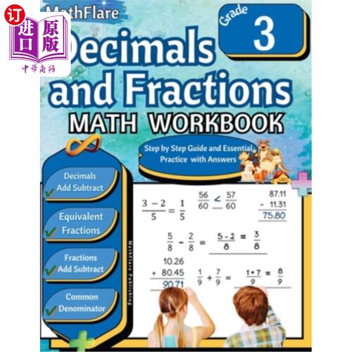 海外直订Decimals and Fractions Math Workbook 3rd Grade: Fractions and Decimals Grade 3,  小数和分数数学练习册：分数