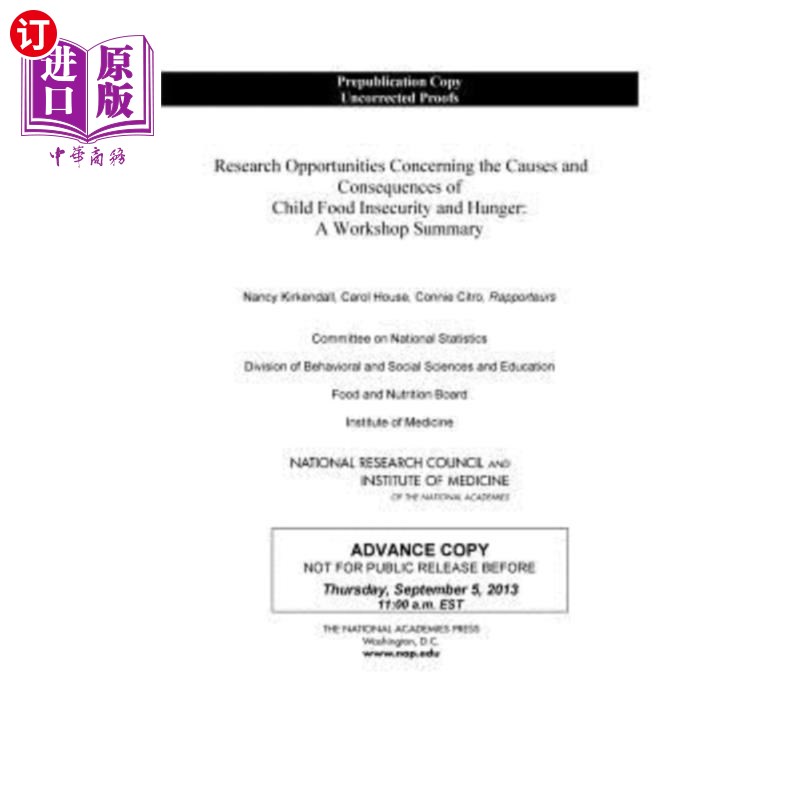 海外直订医药图书Research Opportunities Concerning the Causes and Consequences of Child Food Inse关于儿童粮食不安全