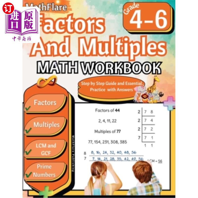 海外直订Factors and Multiples Math Workbook 4th to 6th Grade: Factoring, Prime Numbers,  因子与倍数数学练习册四至六
