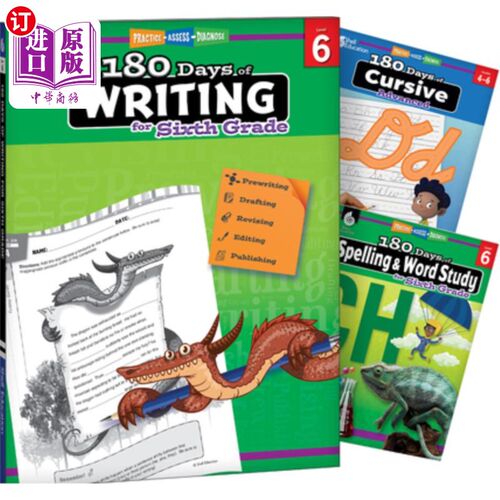 海外直订180 Days(tm) Writing, Spelling, & Cursive Grade 6: 3-Book Set: Practice, Assess, 180天（tm）写作，拼写和草