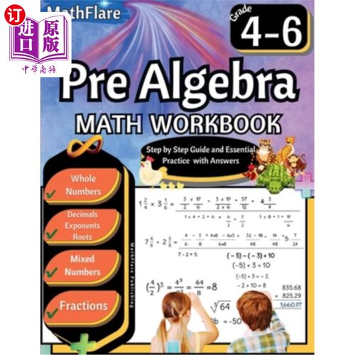 海外直订Pre Algebra Workbook 4th to 6th Grade: Pre Algebra Workbook 4-6, Whole Numbers,  预代数练习册4-6年级：预代