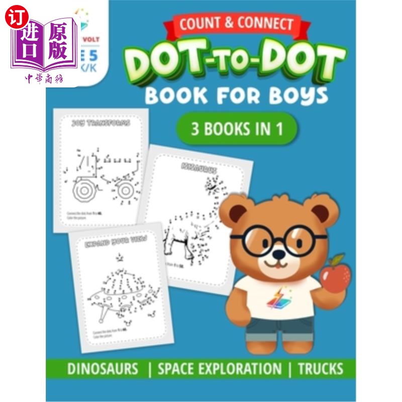 海外直订Count and Connect: Dot-to-Dot Book for Boys Ages 5 Years Old Color Dinosaurs, Sp 计数和连接：点对点的书，男