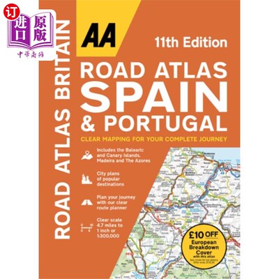 海外直订AA Road Atlas Spain & Portugal AA道路地图集西班牙和葡萄牙