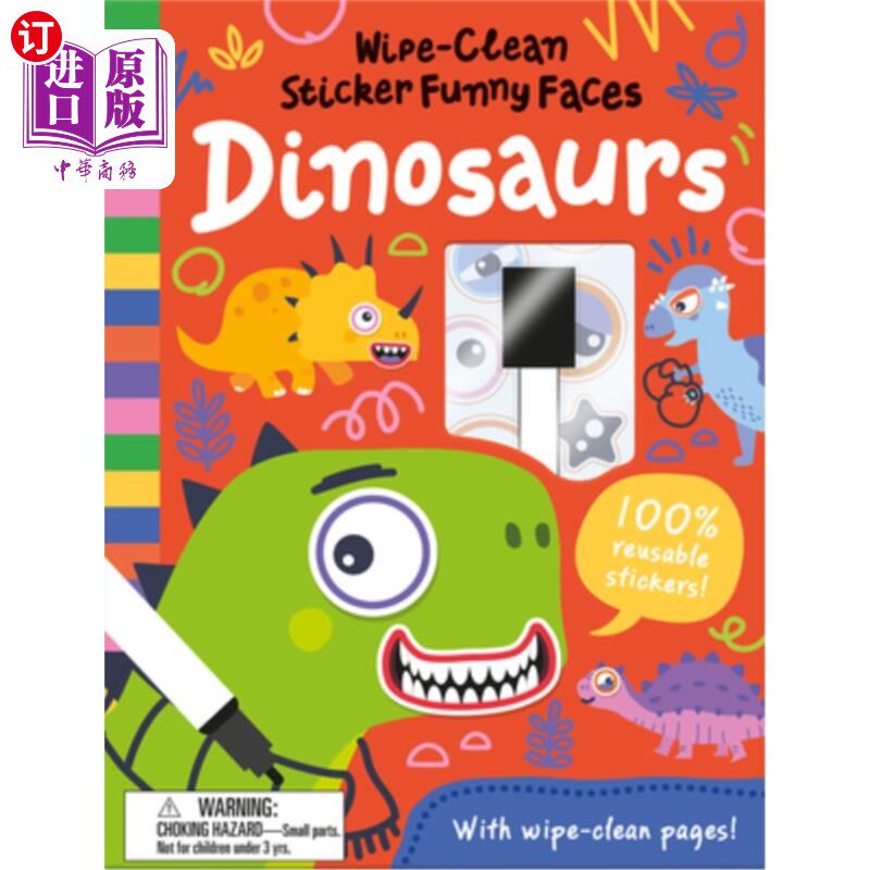 海外直订Wipe-Clean Sticker Funny Faces Dinosaurs 擦干净贴纸有趣的面孔恐龙