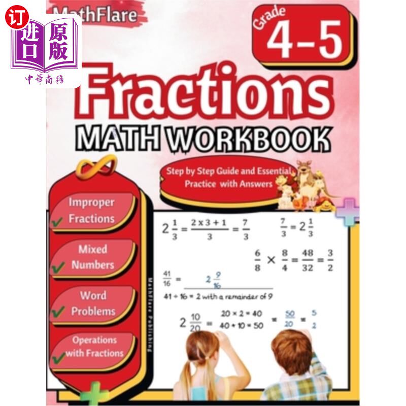海外直订Fractions Math Workbook 4th and 5th Grade: Fractions Workbook Grade 4-5, Operati 分数数学练习册4-5年级：分