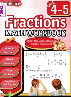 海外直订Fractions Math Workbook 4th and 5th Grade: Fractions Workbook Grade 4-5, Operati 分数数学练习册4-5年级：分