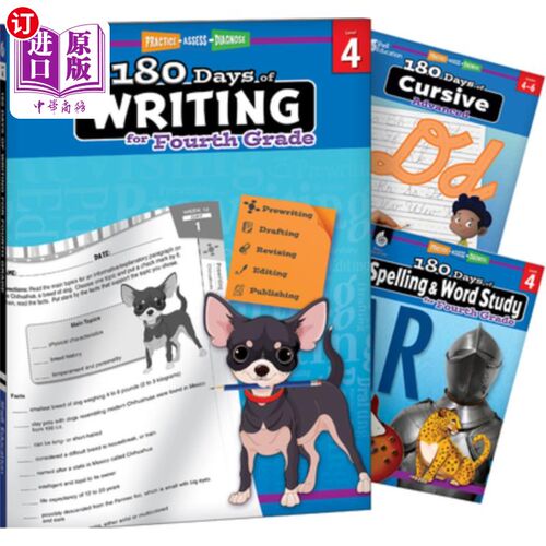 海外直订180 Days(tm) Writing, Spelling, & Cursive Grade 4: 3-Book Set: Practice, Assess, 180天（tm）写作，拼写和草
