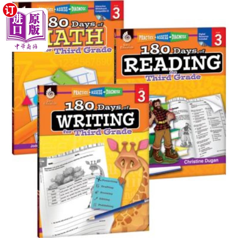 海外直订180 Days of Reading, Writing and Math Grade 3: 3-Book Set 三年级三本书的阅读、写作和数学180天