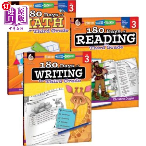 海外直订180 Days of Reading, Writing and Math Grade 3: 3-Book Set 三年级三本书的阅读、写作和数学180天