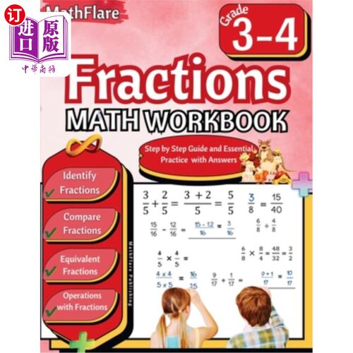 海外直订Fractions Math Workbook 3rd and 4th Grade: Fractions Workbook Grade 3-4, Identif 分数数学练习册3-4年级：分