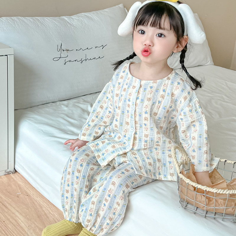 春秋儿童睡衣纯棉纱薄款棉麻男童女孩夏季韩国宝宝家居服网红套装