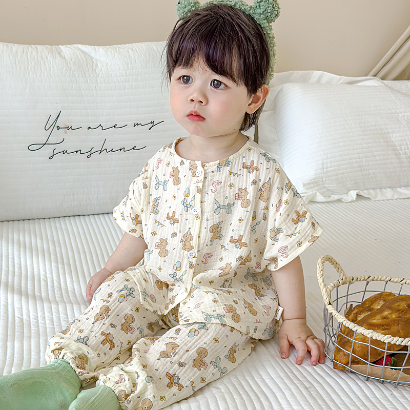 宝宝睡衣夏薄款棉麻儿童家居服纯棉短袖男童女孩纱布小童分体套装