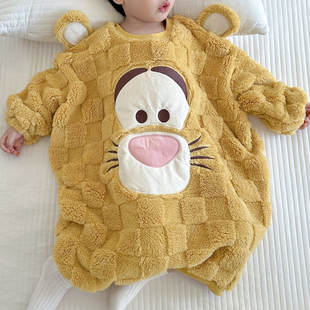 宝宝睡袋冬款法兰绒儿童连体睡衣男女童睡袍防踢被加绒加厚家居服