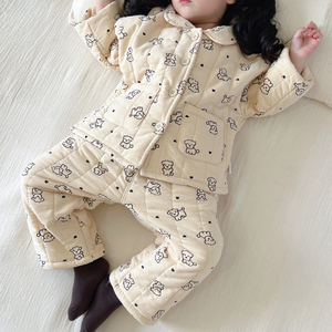 宝宝家居服秋冬纯棉加厚保暖三层夹棉儿童睡衣男女孩小童加绒套装