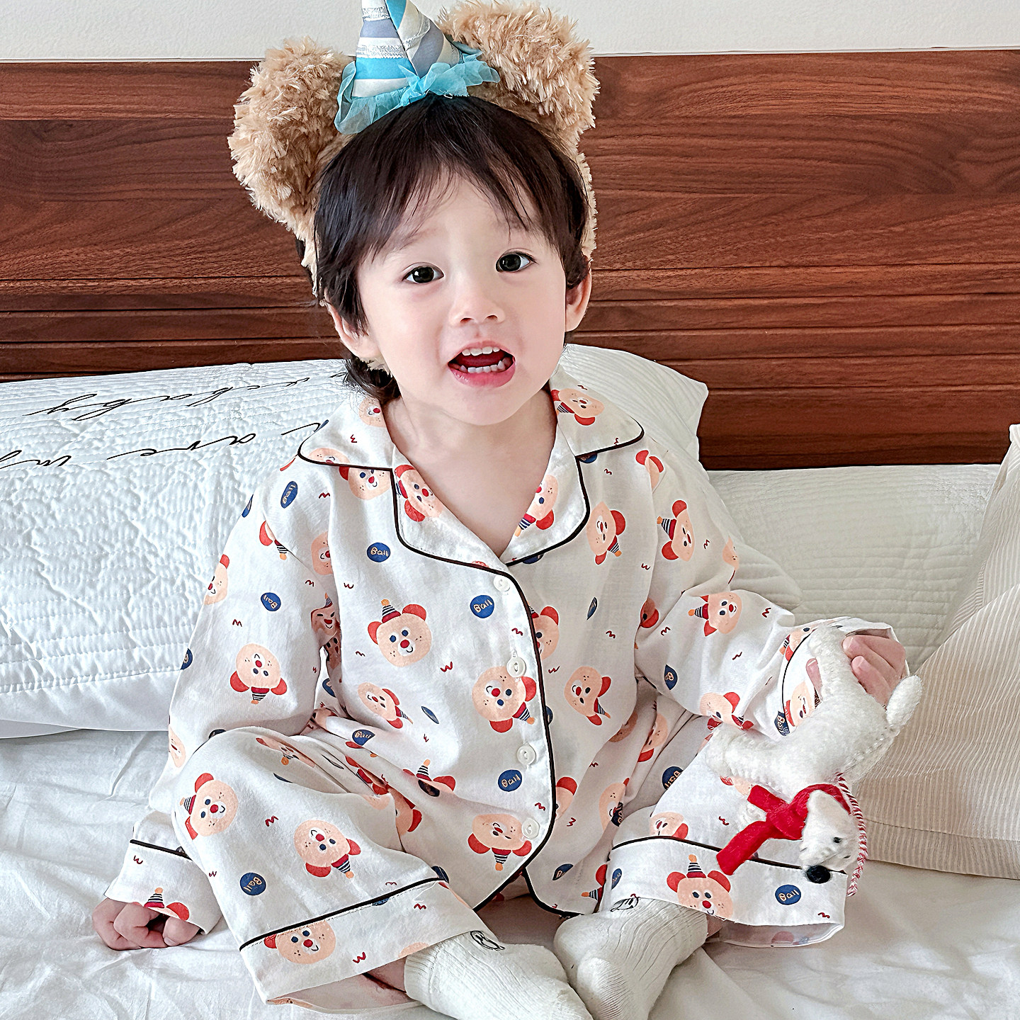 韩系儿童家居服纯棉翻领男童女童睡衣全棉宝宝开衫长袖套装空调服