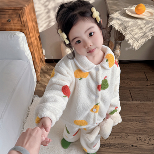 儿童睡衣冬季加厚绒保暖珊瑚绒男童女孩法兰绒宝宝家居服开衫套装