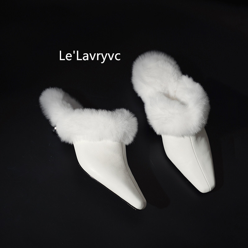LELAVRYVC原创秋冬百搭新款水洗马皮兔毛毛领低跟包头半拖毛毛鞋