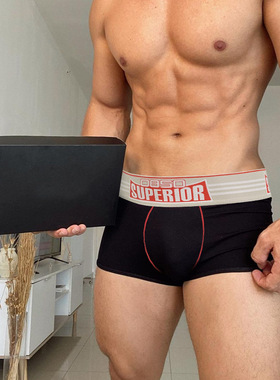 男士内裤低腰纯棉宽腰带性感提臀显大四角U凸囊袋黑色全棉平角裤