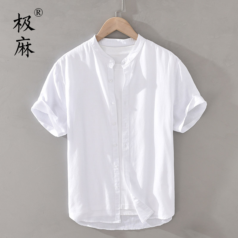 男士短袖衬衫白色棉麻休闲衬衣日系立领薄款亚麻寸衫透气免熨烫上