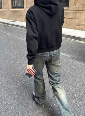 A/G 巴黎重磅竹节棉水洗复古做旧bootcut直筒微喇显瘦牛仔长裤