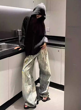 PALACEMAGICIAN AC3D印花蕾丝珍珠链条2006F/1981m直筒弯刀牛仔裤