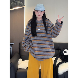 心动线条 胖MM慵懒风宽松条纹打底衫 大码 新款 卫衣上衣9010 女装