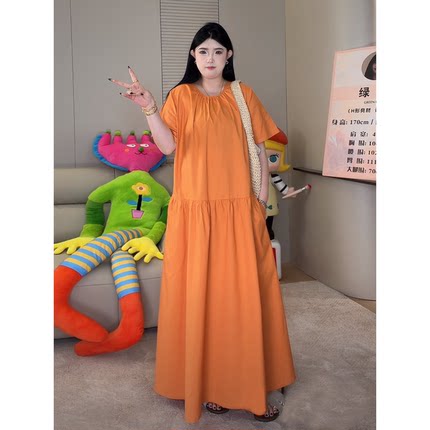 ◆橘子汽水！亚麻纸片人◆大码女装高个子显瘦长慵懒连衣裙W1579
