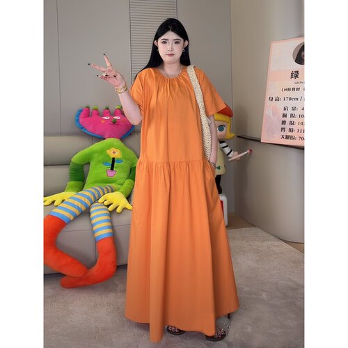 ◆橘子汽水！亚麻纸片人◆大码女装高个子显瘦长慵懒连衣裙W1579