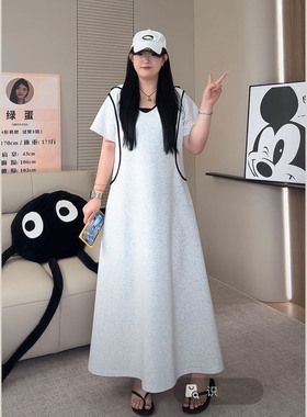 EGG绿蛋家 微胖韩版学院风显瘦修容撞色连衣裙夏连帽个性长裙7981