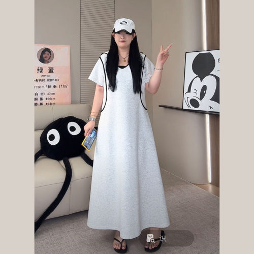 EGG绿蛋家 微胖韩版学院风显瘦修容撞色连衣裙夏连帽个性长裙7981