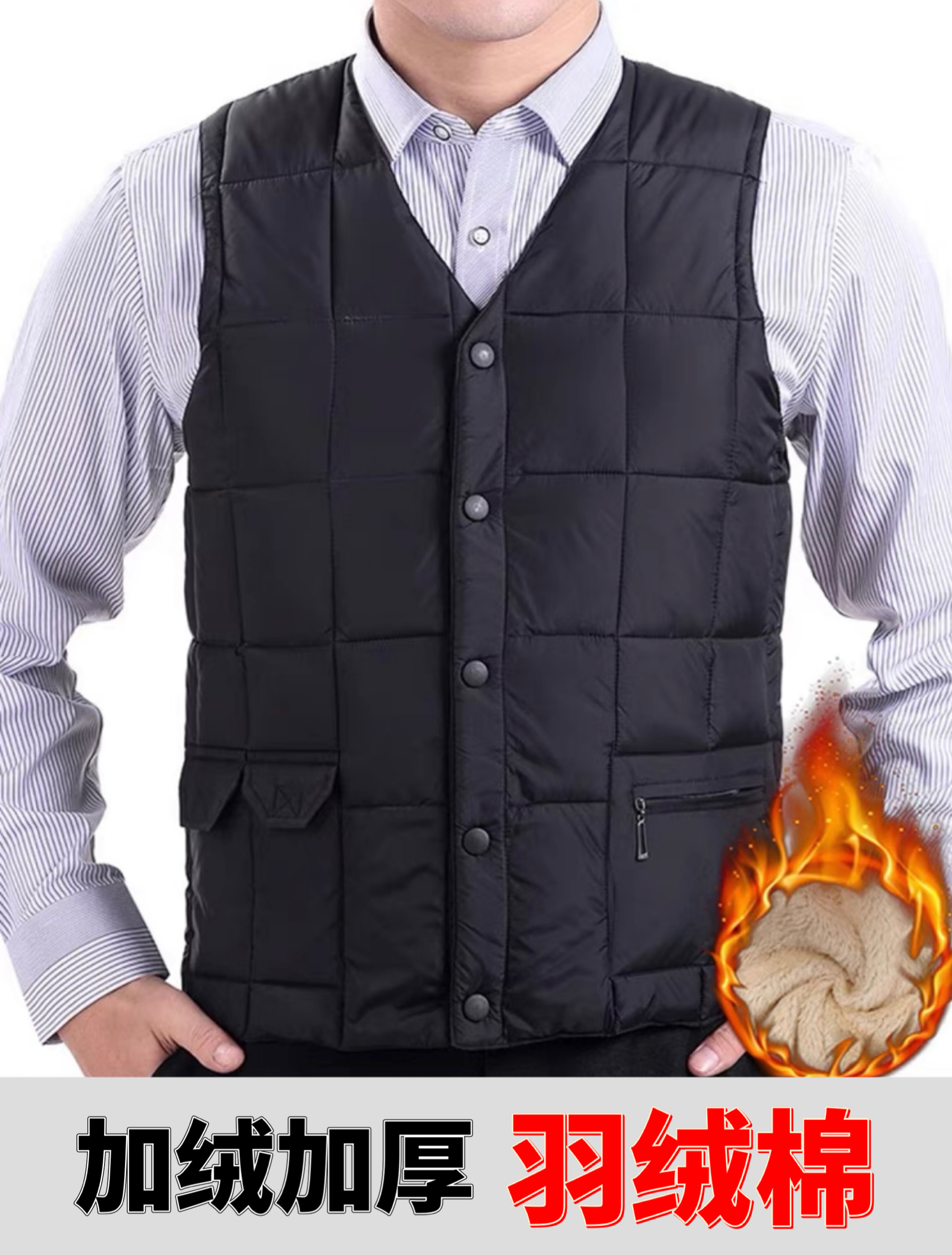 中老年羽绒棉马甲男冬季加绒加厚保暖背心老人棉坎肩男款羊羔绒