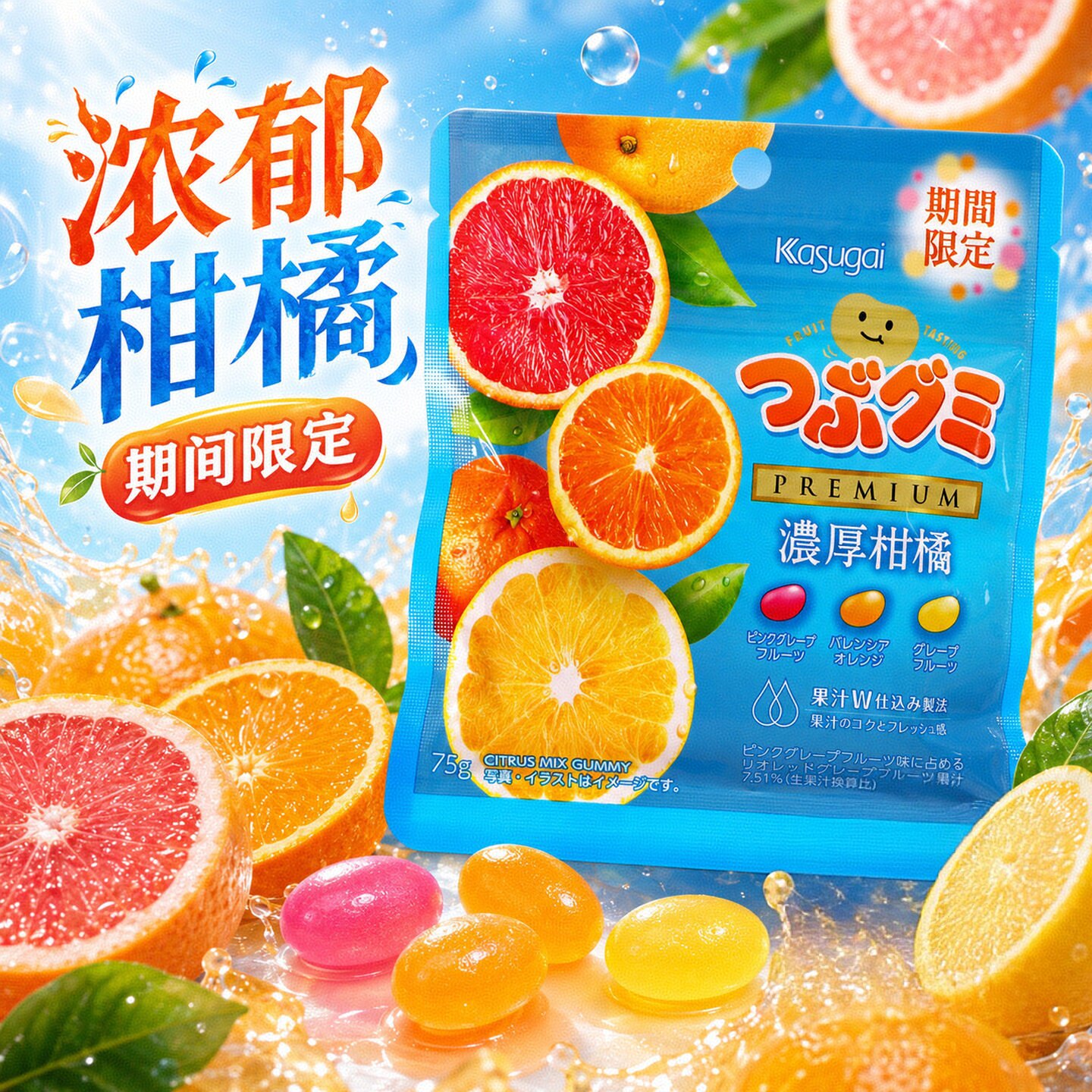 日本进口零食kasugai春日井浓郁柑橘味软糖休闲糖果期间限定75g