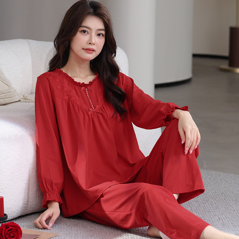 大红色睡衣女士纯棉春秋季长袖长睡衣/家居服套装