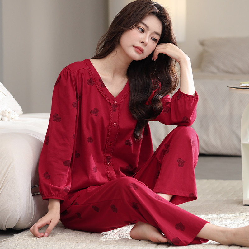 睡衣女拉架纯棉高级感长袖大码开衫中年妈妈可外穿居家套装两件套