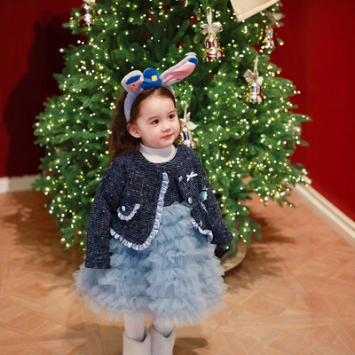 现货【星纱兔警】冬款女童加绒小香风外套背心纱裙两件套-8881