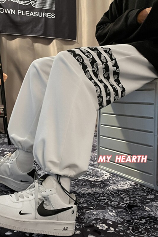 秋季宽松百搭四条杠腰果花抽绳九分卫裤TY221P45控58,男装休闲裤,星座512A（原616）