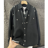 C1117/P120个性金属烫砖黑色牛仔衬衣男士微宽松水洗男女直播，男装衬衫，钱塘730-1