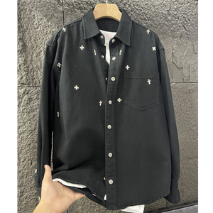 C1117/P120个性金属烫砖黑色牛仔衬衣男士微宽松水洗男女直播图片