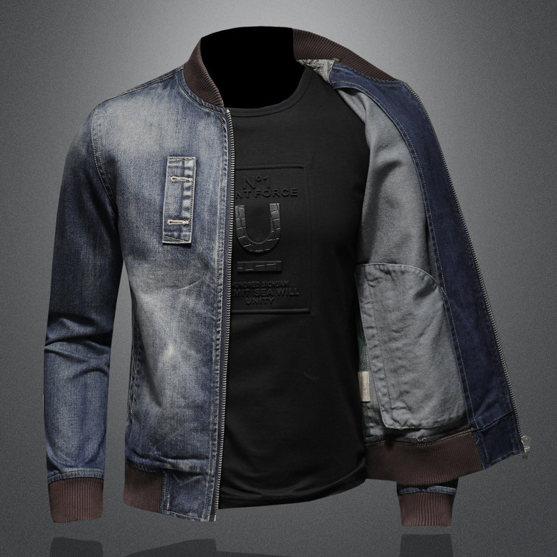 新款个性棒球领牛仔服男士拉链夹克外套5027/H0387/P195,男装夹克,钱塘730-1