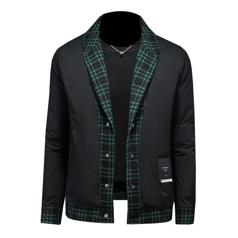 2024冬季呢料拼接青果领羽绒服男士修身QT5027/T88023/P208白底,男装羽绒服,钱塘730-1