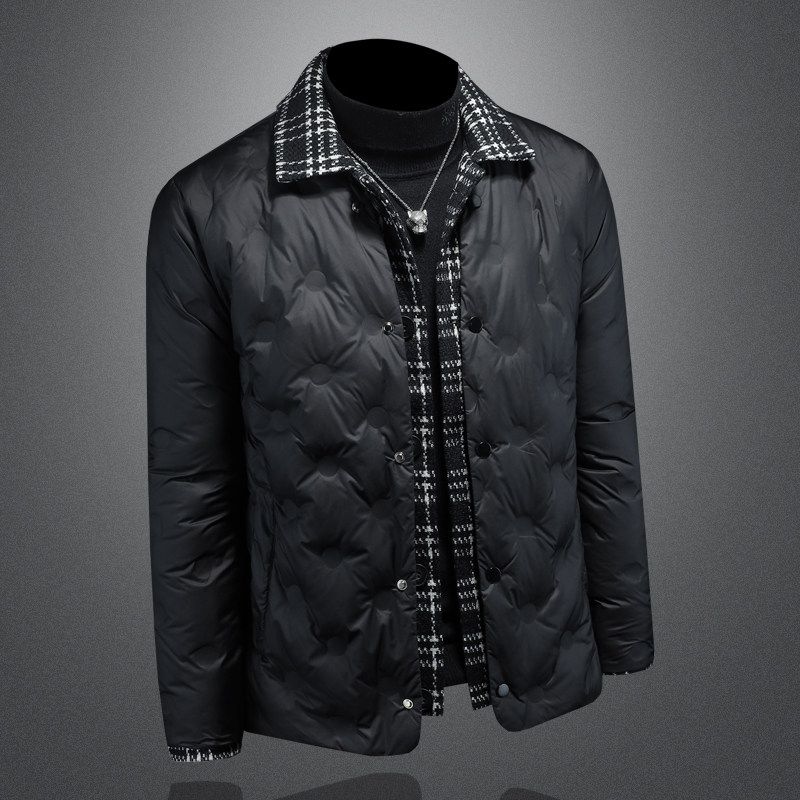 新风格冬新款呢料拼接假两件羽绒服男士修身质量好T88027/P280,男装羽绒服,钱塘730-1