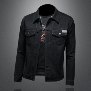 730/N9033/P145 黑色金属标翻领牛仔夹克外套男士短款黑色牛仔衣,男装夹克,钱塘730-1