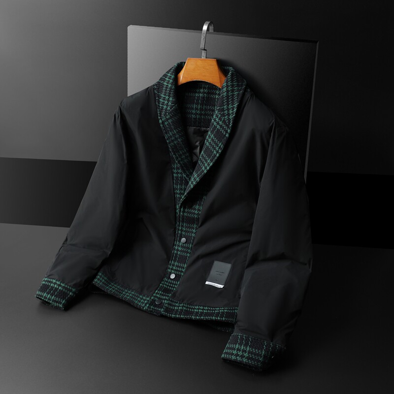1新风格冬季呢料拼接青果领羽绒服男士修身Y88023/P280大货,男装羽绒服,钱塘730-1